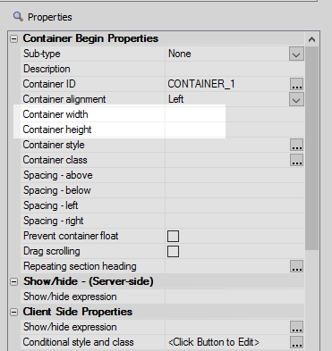 Container Begin Properties